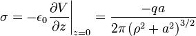 \sigma = -\epsilon_0 \frac{\partial V}{\partial z} \Bigg|_{z=0} = \frac{-q a}{2 \pi \left(\rho^2 + a^2\right)^{3/2} }