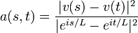 \displaystyle{a(s,t)={|v(s)-v(t)|^2\over |e^{is/L} -e^{it/L}|^2}}