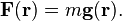 \mathbf{F}( \mathbf r) = m \mathbf g(\mathbf r). 