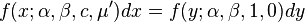 f(x;\alpha,\beta,c,\mu')dx=f(y;\alpha,\beta,1,0)dy\,