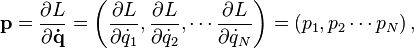 \mathbf{p} = \frac{\partial L}{\partial \mathbf{\dot{q}}} = \left(\frac{\partial L}{\partial \dot{q}_1},\frac{\partial L}{\partial \dot{q}_2},\cdots \frac{\partial L}{\partial \dot{q}_N}\right) = (p_1, p_2\cdots p_N)\,,