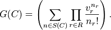 G(C) = \left( \sum_{n \in S(C)} \prod_{r \in R} \frac{v_r^{n_r}}{n_r!} \right).