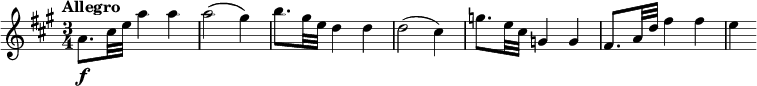 
\relative c'' {
  \override Score.NonMusicalPaperColumn #'line-break-permission = ##f
  \tempo "Allegro"
  \key a \major
  \time 3/4
  a8.\f cis32 e a4 a |
  a2( gis4) |
  b8. gis32 e d4 d |
  d2( cis4) |
  g'8. e32 cis g4 g |
  fis8. a32 d fis4 fis |
  e4
}
