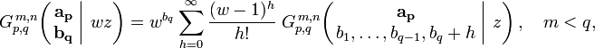 
G_{p,q}^{\,m,n} \!\left( \left. \begin{matrix} \mathbf{a_p} \\ \mathbf{b_q} \end{matrix} \; \right| \, w z \right) =
w^{b_q} \sum_{h=0}^{\infty} \frac{(w - 1)^h}{h!} \; G_{p,q}^{\,m,n} \!\left( \left. \begin{matrix} \mathbf{a_p} \\ b_1, \dots, b_{q-1}, b_q+h \end{matrix} \; \right| \, z \right), \quad m < q,
