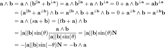 \begin{align}
  \mathbf{a} \wedge \mathbf{b} & = \mathbf{a} \wedge (
  \mathbf{b}^{||\mathbf{a}} +\mathbf{b}^{\bot \mathbf{a}} ) =\mathbf{a} \wedge
  \mathbf{b}^{||\mathbf{a}} +\mathbf{a} \wedge \mathbf{b}^{\bot \mathbf{a}}
  =0+\mathbf{a} \wedge \mathbf{b}^{\bot \mathbf{a}}
  =\mathbf{a}\mathbf{b}^{\bot \mathbf{a}}\\
  & = ( \mathbf{a}^{||\mathbf{b}} +\mathbf{a}^{\bot \mathbf{b}} ) \wedge
  \mathbf{b}=\mathbf{a}^{||\mathbf{b}} \wedge \mathbf{b}+\mathbf{a}^{\bot
  \mathbf{b}} \wedge \mathbf{b}=0+\mathbf{a}^{\bot \mathbf{b}} \wedge
  \mathbf{b}=\mathbf{a}^{\bot \mathbf{b}} \mathbf{b}\\
  & = \mathbf{a} \wedge ( s\mathbf{a}+\mathbf{b} ) = (
  t\mathbf{b}+\mathbf{a} ) \wedge \mathbf{b}\\
  & = | \mathbf{a} |   | \mathbf{b} |   \sin( \theta )
  \frac{\mathbf{a} \wedge \mathbf{b}}{| \mathbf{a} |   | \mathbf{b} |  
  \sin( \theta )}  = | \mathbf{a} |   | \mathbf{b} | \sin (
  \theta ) \mathbf{N}\\
  & = - | \mathbf{a} |   | \mathbf{b} |   \sin( - \theta ) 
  \mathbf{N}=-\mathbf{b} \wedge \mathbf{a}\end{align}
