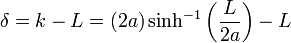 \delta = k - L = \left(2a\right) \sinh^{-1}\left(\frac{L}{2a}\right) - L 