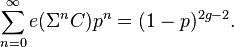  \sum_{n = 0}^{\infty} e( \Sigma^n C ) p^n = (1 - p)^{2g - 2} . 