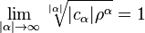 \lim_{|\alpha|\to\infty} \sqrt[|\alpha|]{|c_\alpha|\rho^\alpha}=1