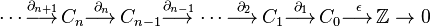 \dotsb\overset{\partial_{n+1}}{\longrightarrow\,}C_n
\overset{\partial_n}{\longrightarrow\,}C_{n-1}
\overset{\partial_{n-1}}{\longrightarrow\,}
\dotsb
\overset{\partial_2}{\longrightarrow\,}
C_1
\overset{\partial_1}{\longrightarrow\,}
C_0\overset{\epsilon}{\longrightarrow\,} \mathbb{Z} \to 0
