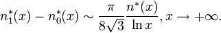 
n^*_1(x) - n^*_0(x) \sim \frac{\pi}{8\sqrt3}\frac{n^*(x)}{\ln x},
 x \to +\infty .
