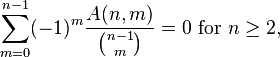 \sum_{m=0}^{n-1}(-1)^m\frac{A(n,m)}{\binom{n-1}{m}}=0 \text{ for }n \ge 2,