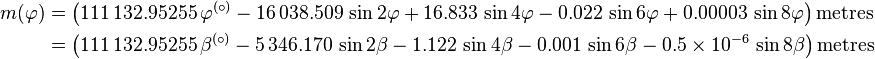 
\begin{align}
m(\varphi)&=\bigl(111\,132.95255\,\varphi^{(\circ)}
         -16\,038.509\,\sin 2\varphi
         +16.833\,\sin4\varphi
         -0.022\,\sin6\varphi
         +0.00003\,\sin8\varphi\bigr) \,\mathrm{metres} \\
&= \bigl(111\,132.95255\,\beta^{(\circ)}
         -5\,346.170\,\sin 2\beta
         -1.122\,\sin4\beta
         -0.001\,\sin6\beta
         -0.5\times10^{-6}\,\sin8\beta\bigr) \,\mathrm{metres}
\end{align}
