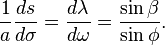 \frac1a\frac{ds}{d\sigma}
= \frac{d\lambda}{d\omega}
= \frac{\sin\beta}{\sin\phi}.