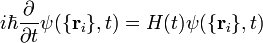 
i\hbar \frac{\partial}{\partial t} \psi(\{\mathbf{r}_i\},t) = H(t)\psi(\{\mathbf{r}_i\},t)
