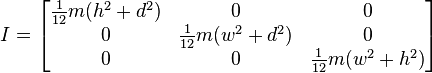 
I =
\begin{bmatrix}
  \frac{1}{12} m (h^2 + d^2) & 0 & 0 \\
  0 & \frac{1}{12} m (w^2 + d^2) & 0 \\
  0 & 0 & \frac{1}{12} m (w^2 + h^2)
\end{bmatrix}
