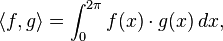 \langle f,g \rangle = \int_0^{2\pi} f(x)\cdot g(x)\,dx,