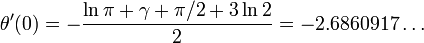 \theta^\prime(0)= -\frac{\ln \pi + \gamma + \pi/2 + 3 \ln 2}{2} = -2.6860917\ldots