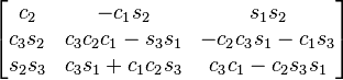 \begin{bmatrix}
 c_2 & - c_1 s_2 & s_1 s_2 \\
 c_3 s_2   & c_3 c_2 c_1 - s_3 s_1  & - c_2 c_3 s_1 - c_1 s_3 \\
 s_2 s_3   & c_3 s_1 + c_1 c_2 s_3  & c_3 c_1 - c_2 s_3 s_1
\end{bmatrix}