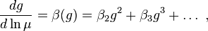 \frac{dg}{d \ln \mu} =\beta(g)=\beta_2 g^2+\beta_3 g^3+\ldots ~,