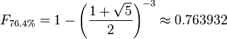 F_{76.4\%} = 1- \left({\frac{1 + \sqrt{5}}{2}}\right)^{-3}  \approx 0.763932 \,
