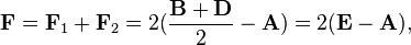  \mathbf{F}=\mathbf{F}_1+\mathbf{F}_2 = 2(\frac{\mathbf{B}+\mathbf{D}}{2}-\mathbf{A})=2(\mathbf{E}-\mathbf{A}),