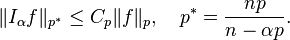 \|I_\alpha f\|_{p^*} \le C_p \|f\|_p,\quad p^*=\frac{np}{n-\alpha p}.