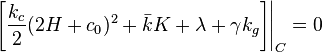 
  \left. \left[ \frac{k_{c}}{2}(2H+c_{0})^{2}+\bar{k}K+\lambda+\gamma k_{g}\right]\right\vert _{C}=0
