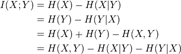 
\begin{align}
I(X;Y) & {} = H(X) - H(X|Y) \\ 
& {} = H(Y) - H(Y|X) \\ 
& {} = H(X) + H(Y) - H(X,Y) \\
& {} = H(X,Y) - H(X|Y) - H(Y|X)
\end{align}
