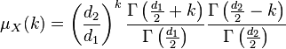 \mu _{X}(k) =\left( \frac{d_{2}}{d_{1}}\right)^{k}\frac{\Gamma \left(\tfrac{d_1}{2}+k\right) }{\Gamma \left(\tfrac{d_1}{2}\right) }\frac{\Gamma \left(\tfrac{d_2}{2}-k\right) }{\Gamma \left( \tfrac{d_2}{2}\right) }