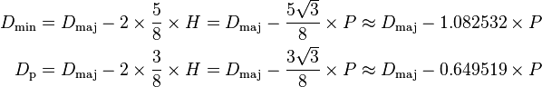 \begin{align}
  D_\mathrm{min} &= D_\mathrm{maj} - 2\times\frac58\times H = D_\mathrm{maj} - \frac{ 5 {\sqrt 3}}{8}\times P \approx D_\mathrm{maj} - 1.082532 \times P \\
    D_\mathrm{p} &= D_\mathrm{maj} - 2\times\frac38\times H = D_\mathrm{maj} - \frac{ 3 {\sqrt 3}}{8}\times P \approx D_\mathrm{maj} - 0.649519 \times P
\end{align}