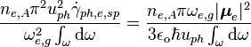  \frac{n_{e,A}\pi^2 u_{ph}^2 \dot{\gamma}_{ph,e,sp}}{\omega_{e,g}^2\int_\omega\mathrm{d}\omega} = \frac{n_{e,A}\pi\omega_{e,g} |\boldsymbol{\mu}_e|^2}{3\epsilon_\mathrm{o}\hbar u_{ph}\int_\omega\mathrm{d}\omega}