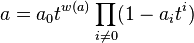 a=a_0t^{w(a)}\prod_{i\ne 0}(1-a_it^i)