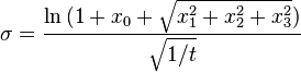 
    \sigma=\frac{\ln{(1+x_0+\sqrt{x_1^2+x_2^2+x_3^2})}}{\sqrt{1/t}}
 