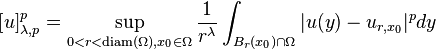 \left[u\right]_{\lambda,p}^p = \sup_{0 < r< \operatorname{diam} (\Omega), x_0 \in \Omega} \frac{1}{r^\lambda} \int_{B_r(x_0) \cap \Omega} | u(y) - u_{r,x_0} |^p dy 