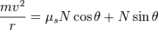 {mv^2\over r}= \mu_s N\cos \theta +N\sin \theta 