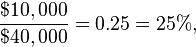 \frac{\$10,000}{\$40,000} = 0.25 = 25\%,