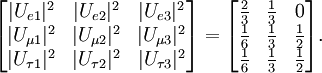 \begin{bmatrix}
|U_{e 1}|^2 & |U_{e 2}|^2 & |U_{e 3}|^2 \\
|U_{\mu 1}|^2 & |U_{\mu 2}|^2 & |U_{\mu 3}|^2 \\ 
|U_{\tau 1}|^2 & |U_{\tau 2}|^2 & |U_{\tau 3}|^2 
\end{bmatrix}
= 
\begin{bmatrix}
\frac{2}{3} & \frac{1}{3} & 0 \\
\frac{1}{6} & \frac{1}{3} & \frac{1}{2} \\ 
\frac{1}{6} & \frac{1}{3} & \frac{1}{2} 
\end{bmatrix}.
