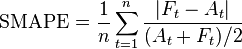  \mbox{SMAPE} = \frac{1}{n}\sum_{t=1}^n \frac{\left|F_t-A_t\right|}{(A_t+F_t)/2}