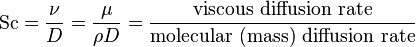 \mathrm{Sc} = \frac{\nu}{D} = \frac {\mu} {\rho D} = \frac{ \mbox{viscous diffusion rate} }{ \mbox{molecular (mass) diffusion rate} }