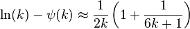 \ln(k) - \psi(k) \approx \frac{1}{2k}\left(1 + \frac{1}{6k + 1}\right)