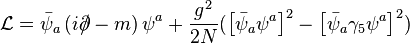 \mathcal{L}= \bar \psi_a \left(i\partial\!\!\!/-m \right) \psi^a + \frac{g^2}{2N}(\left[ \bar \psi_a \psi^a\right]^2-\left[ \bar \psi_a \gamma_5 \psi^a\right]^2)