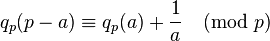 q_p(p-a)\equiv q_p(a) + \frac{1}{a} \pmod{p}