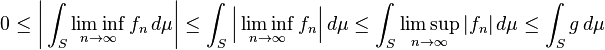 0\le\biggl|\int_S \liminf_{n\to\infty} f_n\,d\mu\biggr|
\le\int_S \Bigl|\liminf_{n\to\infty} f_n\Bigr|\,d\mu
\le\int_S \limsup_{n\to\infty} |f_n|\,d\mu
\le\int_S g\,d\mu