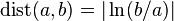 \operatorname{dist}(a,b) = |\ln(b/a)|