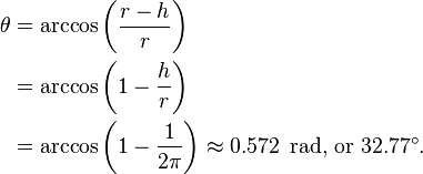 
\begin{align}
\theta & = \arccos \left( \frac{r-h}{r} \right)\\
       & = \arccos \left( 1 - \frac{h}{r} \right)\\
       & = \arccos \left( 1 - \frac{1}{2\pi} \right) \approx 0.572 \,\text{ rad,} \mbox{ or } 32.77^\circ.
\end{align}
