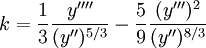 k=\frac{1}{3}\frac{y''''}{(y'')^{5/3}}-\frac{5}{9}\frac{(y''')^2}{(y'')^{8/3}}