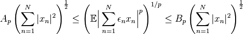  A_p \left( \sum_{n=1}^{N}|x_{n}|^{2} \right)^{\frac{1}{2}} \leq \left(\mathbb{E}\Big|\sum_{n=1}^{N}\epsilon_{n}x_{n}\Big|^{p} \right)^{1/p}  \leq B_p \left(\sum_{n=1}^{N}|x_{n}|^{2}\right)^{\frac{1}{2}} 