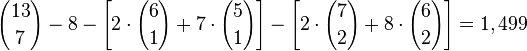 {13 \choose 7} - 8 - \left[2 \cdot {6 \choose 1} + 7 \cdot {5 \choose 1}\right] - \left[2 \cdot {7 \choose 2} + 8 \cdot {6 \choose 2}\right] = 1,499