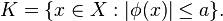 K = \{ x \in X : | \phi(x) | \leq a \}. 