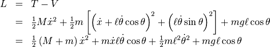 
\begin{array}{rcl}
L &=& T - V \\
&=& \frac{1}{2} M \dot{x}^2 + \frac{1}{2} m \left[ \left( \dot x + \ell \dot\theta \cos \theta \right)^2 + \left( \ell \dot\theta \sin \theta \right)^2 \right] + m g \ell \cos \theta \\
&=& \frac{1}{2} \left(  M + m \right) \dot x^2 + m \dot x \ell \dot \theta \cos \theta + \frac{1}{2} m \ell^2 \dot \theta ^2 + m g \ell \cos \theta
\end{array}
